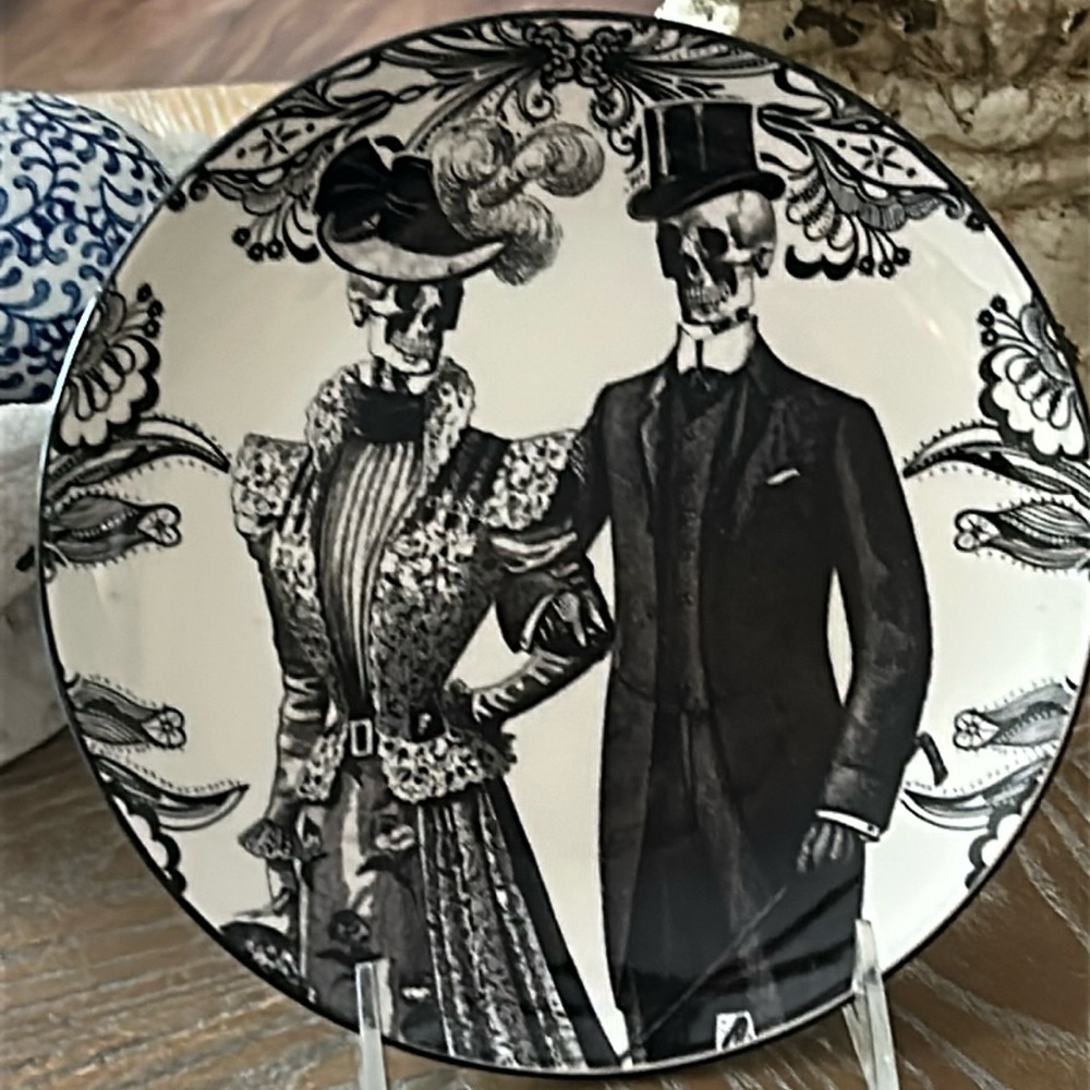 NEW Vintage Inspired Shabby Chic French Toile Goth Skeleton Couple Serving Dish